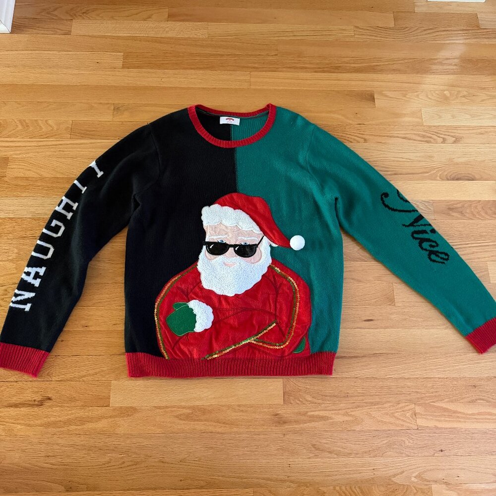 Holiday Time Naughty and Nice Santa with Sunglasses Ugly Christmas Sweater
